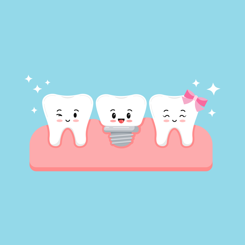 Cute healthy teeth root and dental implant in gum isolated on blue background. Sweet and funny smiling tooth sign. Flat design cartoon style vector dentist orthodontist character illustration, dentist in lara, dental check ups in lara